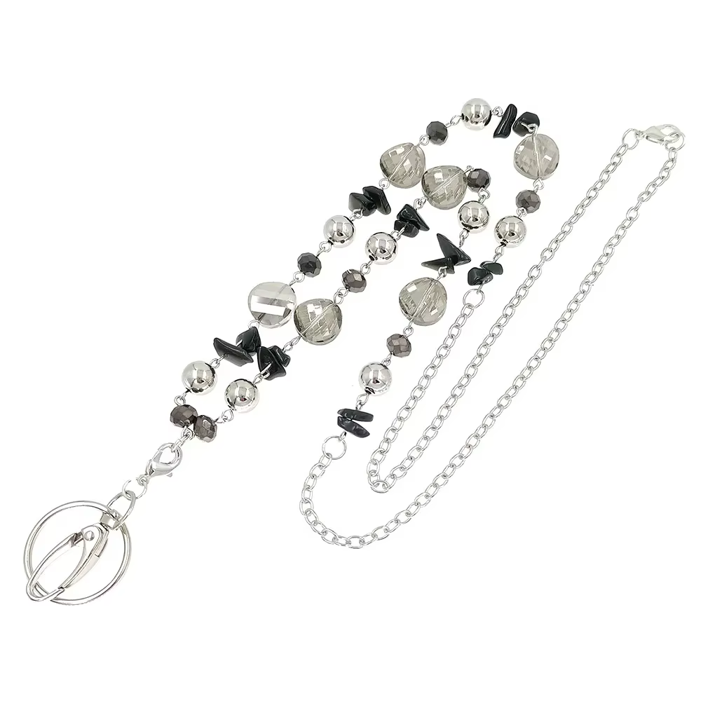 Lanières de Badge en perles de verre noires, porte-collier à la mode avec porte-carte d'identité, porte-clés pour enseignants, infirmières, mères, cadeaux