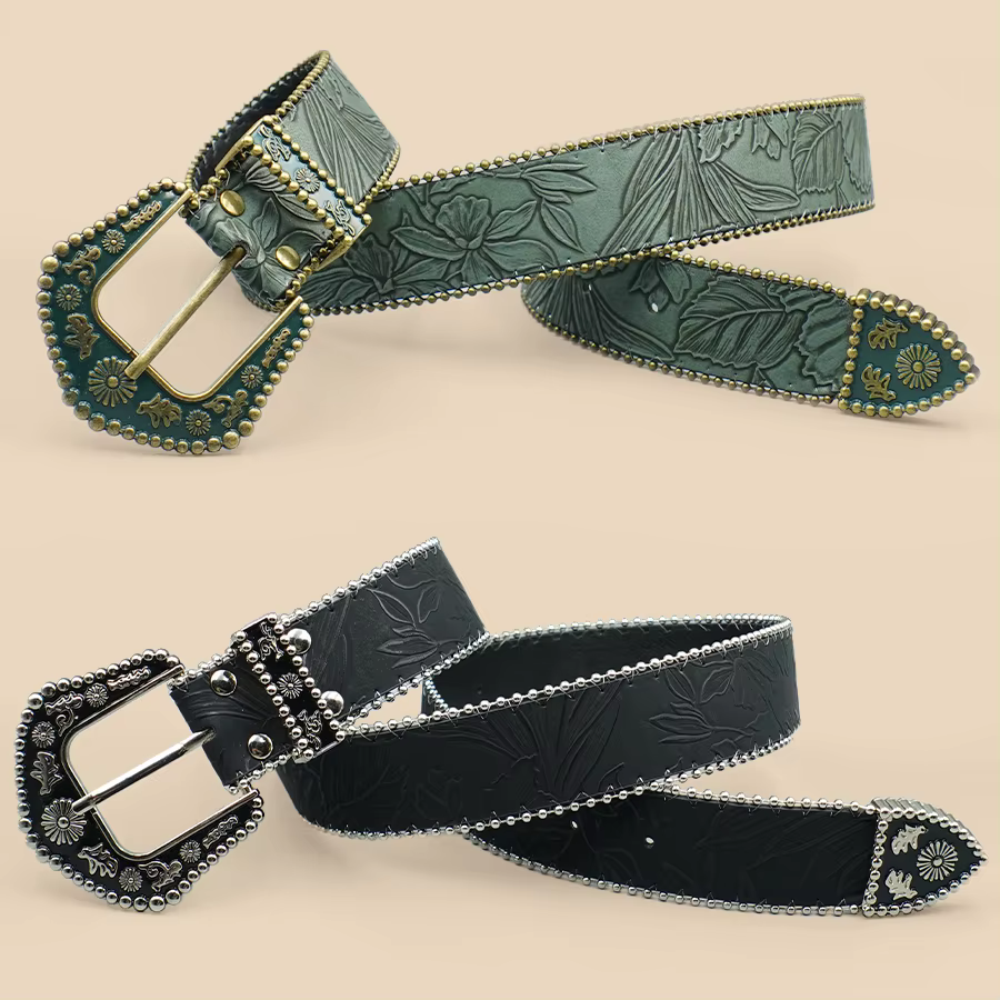 Ceinture bohème pour femme avec accents de perles métalliques – Boucle sculptée vintage et détail de chaîne gravée en feuilles pour une élégance décontractée