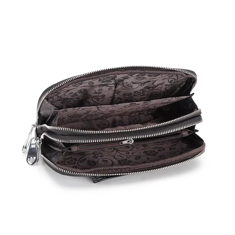Femmes Long portefeuille en cuir véritable bracelet pochette sac à main 2 couches fermeture éclair portefeuilles