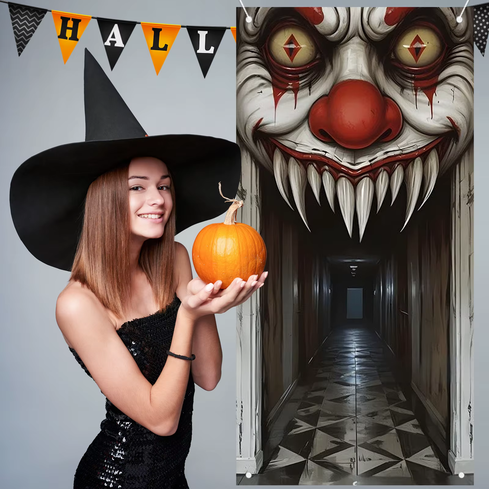 Couverture de porte de décorations d'Halloween, décoration murale sur le thème de la sorcière effrayante et du zombie, décoration sur le thème de la maison hantée intérieure et extérieure, scen 2D