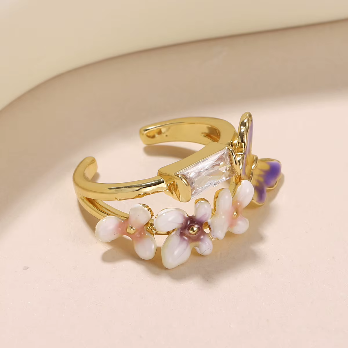 Bague Fleur Papillon pour Femme, Bague Ouverte Plaquée Or avec Papillon Violet et Fleurs en Émail Rose, Zircone Cubique