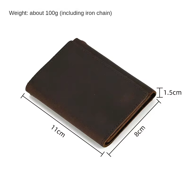 2025 hommes en cuir véritable court portefeuille avec chaîne fermeture éclair pochette portefeuilles mâle
