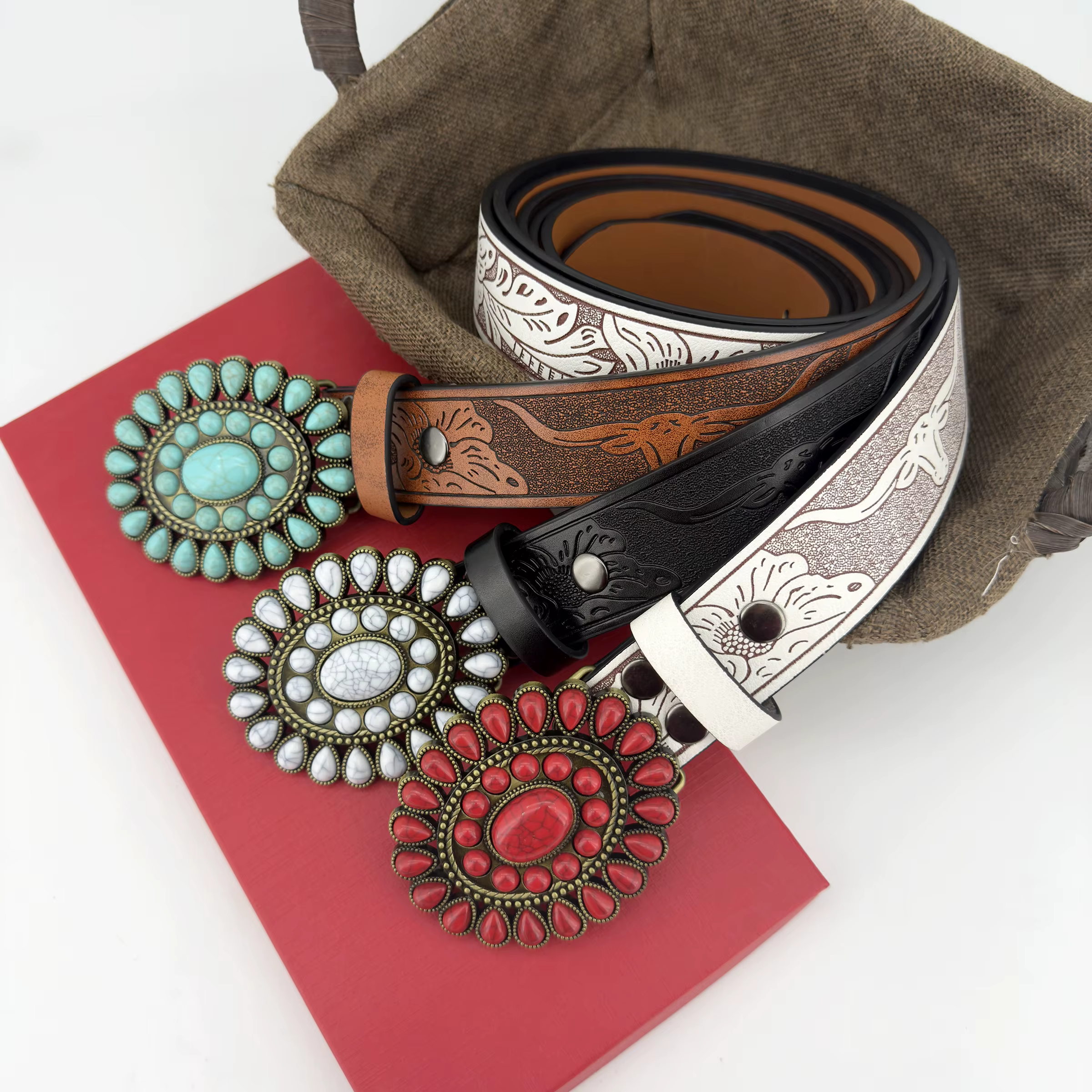 Ceinture de mode de haute qualité turquoise incrustée de style bohème occidental, ceinture décontractée en cuir PU avec boucle en alliage de zinc pour hommes et femmes