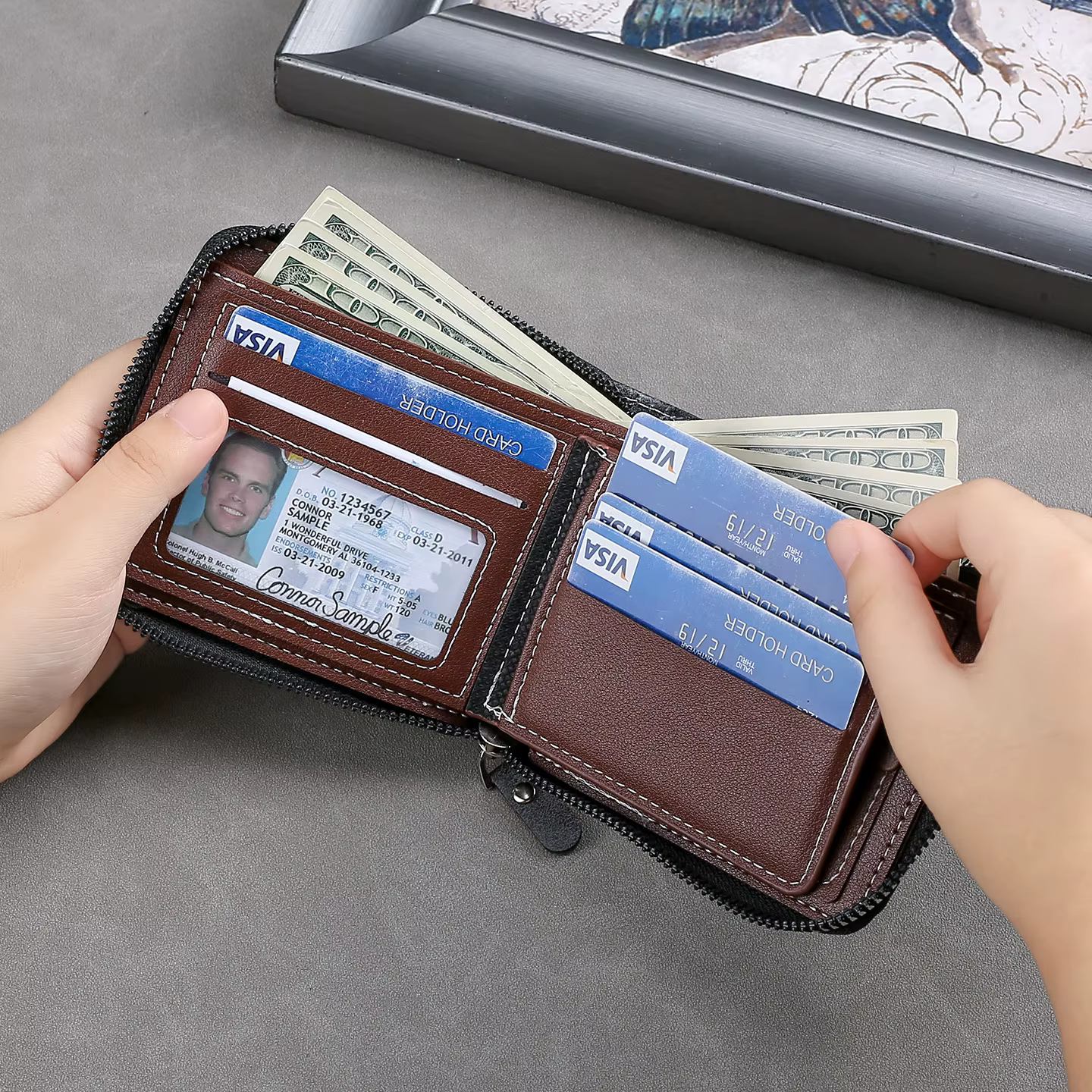 Portefeuille court vintage pour hommes – Porte-monnaie à trois volets avec fermeture éclair