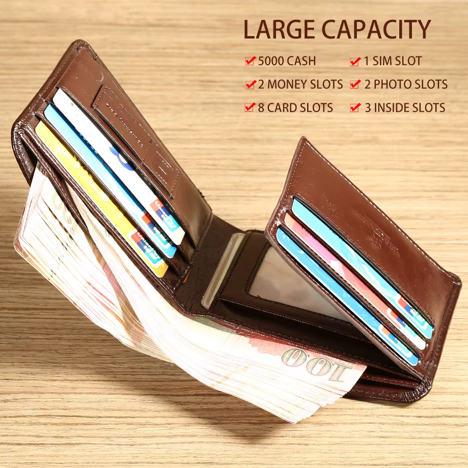 Portefeuille Homme Tri-Fold Cuir Véritable Italien MANBANG – Blocage RFID