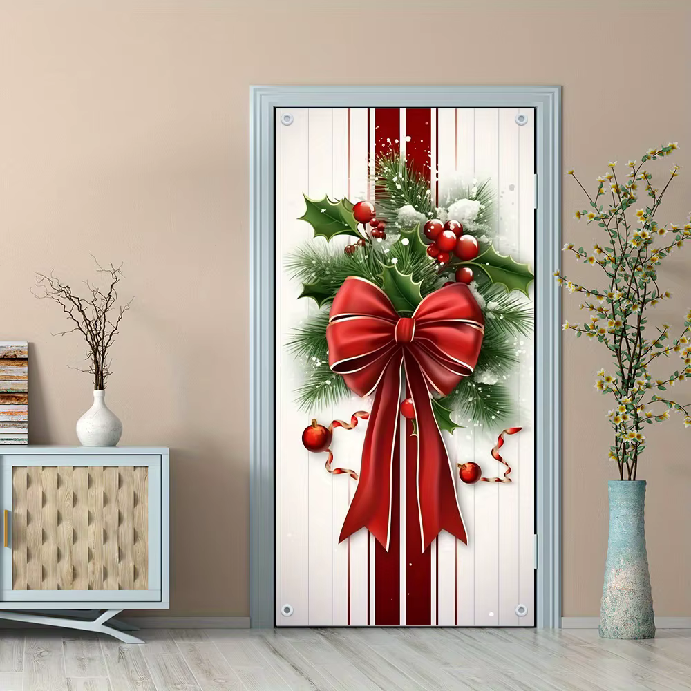 Décoration de porte de noël élégante, suspension de porte à motif de baies de houx rouge et vert, sans outil/batterie facile à installer