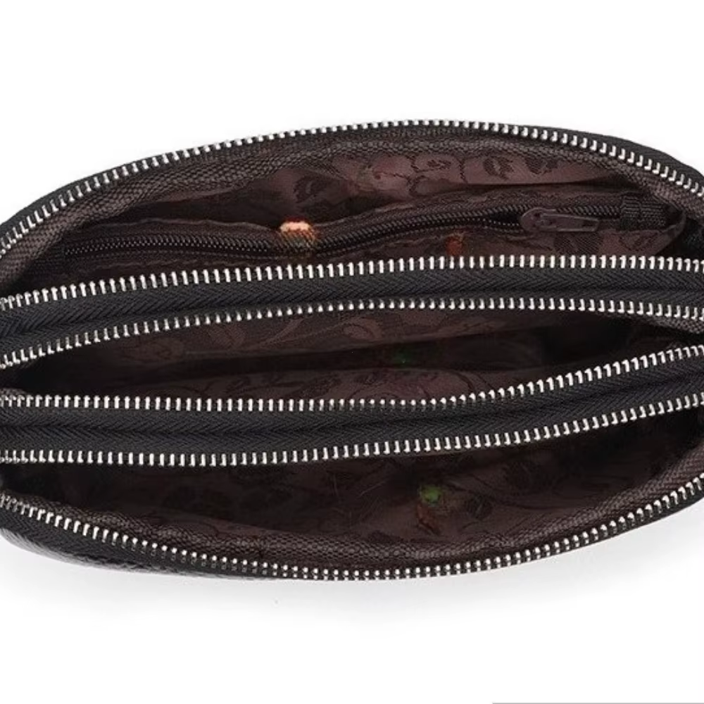 Femmes Long portefeuille en cuir véritable 3 couches fermeture éclair sac à main grande capacité bracelet pochette