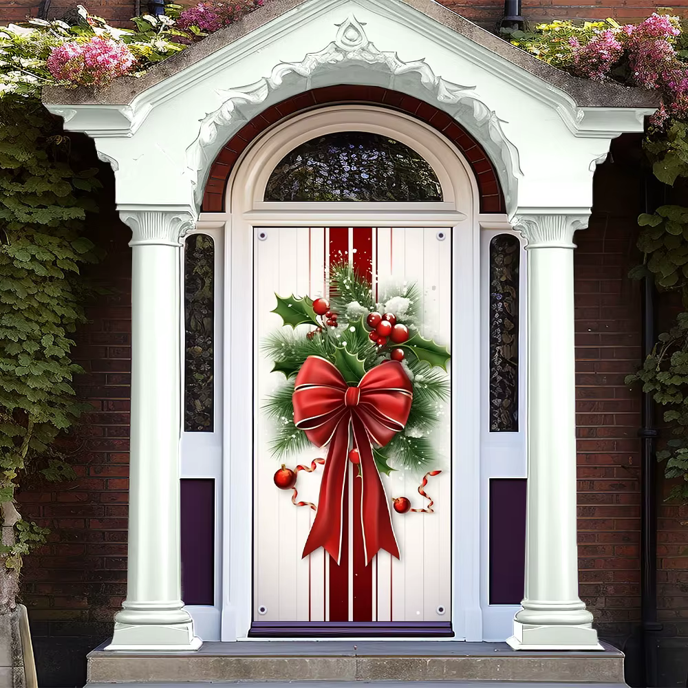 Décoration de porte de noël élégante, suspension de porte à motif de baies de houx rouge et vert, sans outil/batterie facile à installer