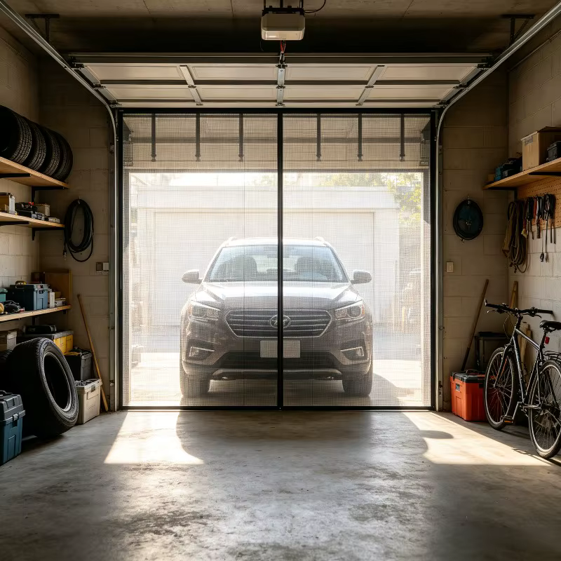 Moustiquaire de porte de garage à rayures noires, auto-adhésive sans perçage, en maille respirante pour patio, garage, atelier, style minimaliste