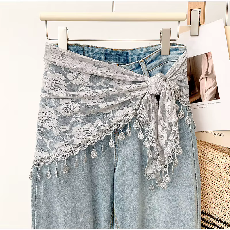 Foulard de taille en dentelle pour femme, motif floral, en maille transparente, style bohème, bandana, foulard de hanche, Y2K, coquette, ceinture de taille florale transparente, avec franges et pompon