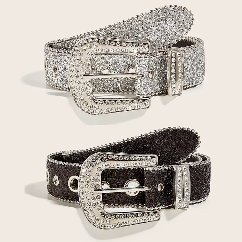 Ceinture gothique noire argentée avec boucle en métal et strass, design de luxe quatre saisons Y2K pour femmes et hommes, grande taille