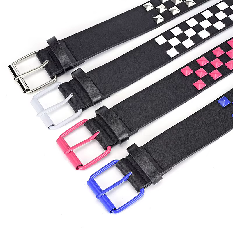 Ceinture punk unisexe en cuir PU 107CM avec rivets : style à carreaux droit de la scène hip-hop