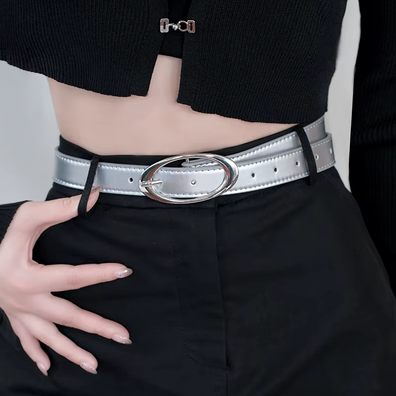 Ceinture à boucle argentée miroir pour femmes