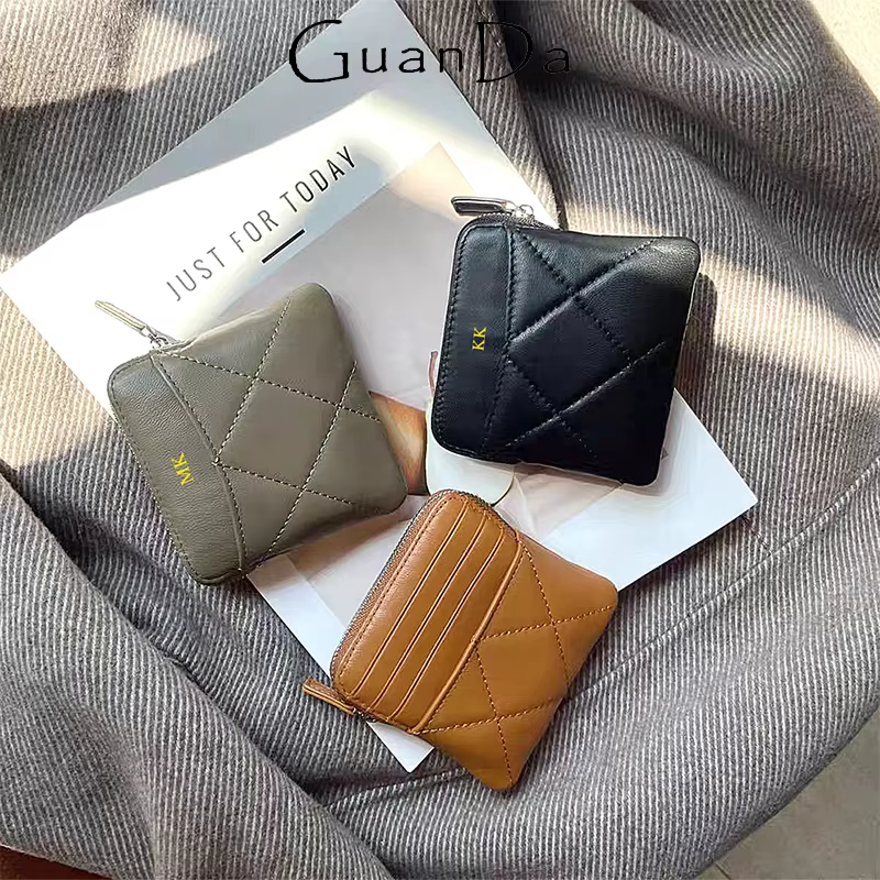 Peau de mouton luxe femme porte-monnaie en cuir véritable Plaid fermeture éclair dame carte portefeuille printemps été mode personnalisé porte-carte sac