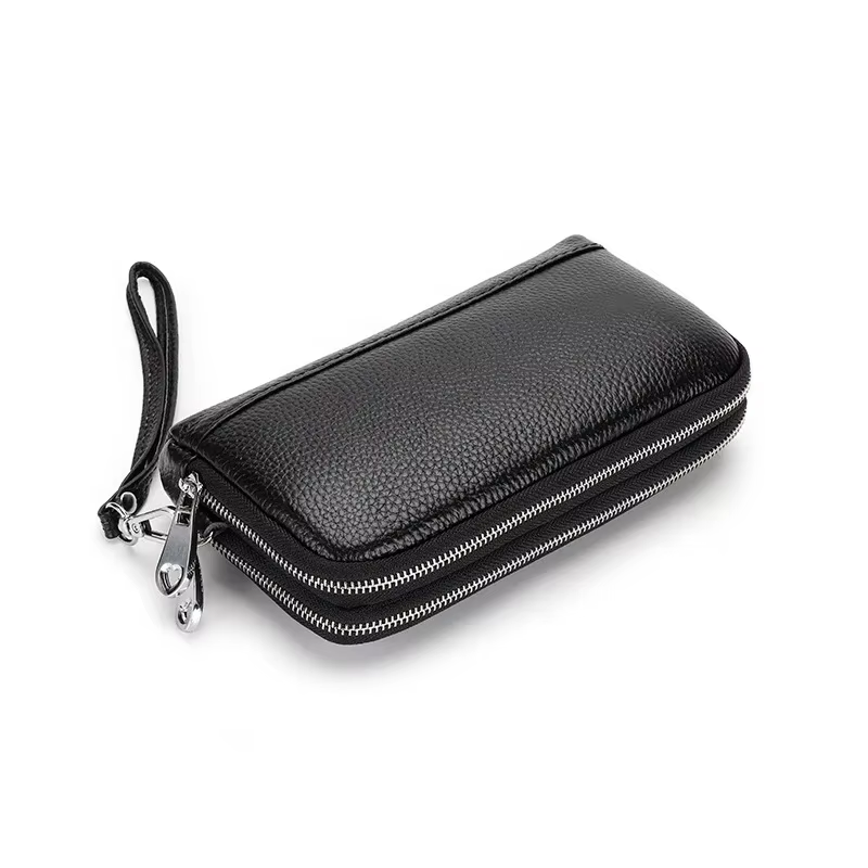Femmes Long portefeuille en cuir véritable bracelet pochette sac à main 2 couches fermeture éclair portefeuilles