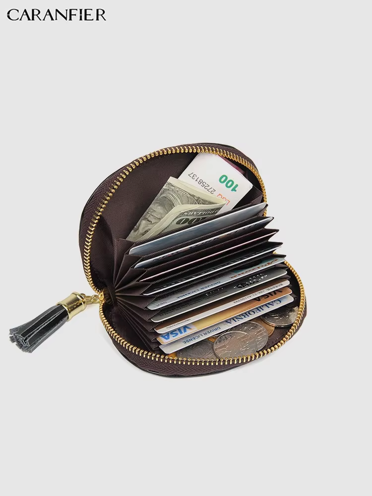 CARANFIER femmes porte-monnaie véritable cuir de vachette fille portefeuilles RFID cartes pochette mode couleur unie gland fermeture éclair coquille sac