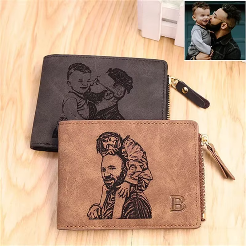 Portefeuille photo personnalisé pour hommes, image et texte gravés, cadeau de fête des pères, poche pour pièces de monnaie à fermeture éclair |   Meilleur cadeau de Noël pour mari/pai