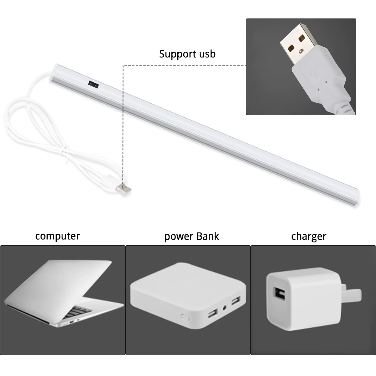 Barre lumineuse LED avec interrupteur à gâchette sans contact à onde manuelle, éclairage sous le comptoir, lampe de nuit alimentée par prise USB pour bureau, évier, établi
