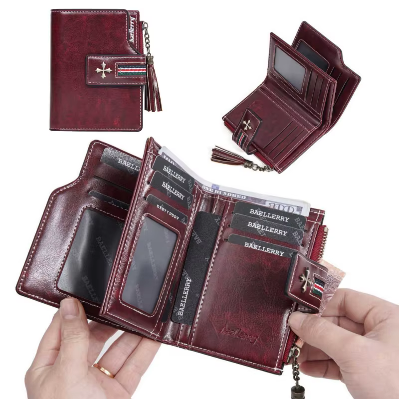 Nouveau Pu FEMMES portefeuille avec de l'huile de cire en cuir glands, à la mode trois fois court portefeuille, multi-fente fermeture éclair porte-monnaie