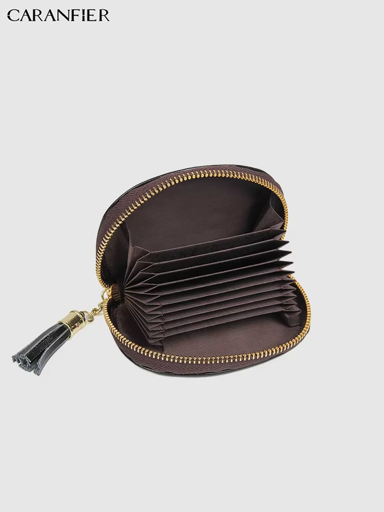 CARANFIER femmes porte-monnaie véritable cuir de vachette fille portefeuilles RFID cartes pochette mode couleur unie gland fermeture éclair coquille sac