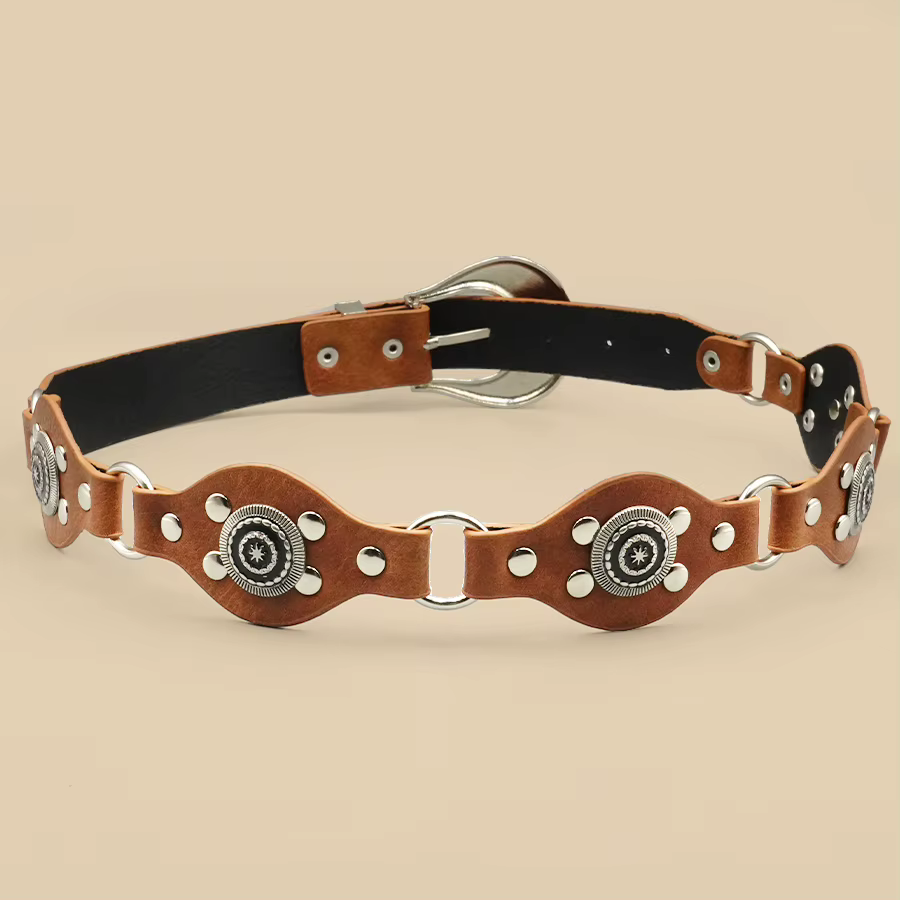 Ceinture femme vintage bohème marron – Design rivets sculptés
