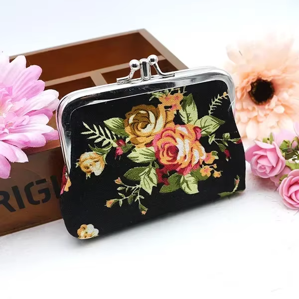 Femmes porte-monnaie mignon fleur imprimé dames Mini sac sac à monnaie deux boutons en métal poche pochette