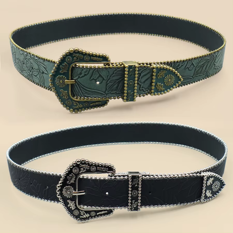 Ceinture bohème pour femme avec accents de perles métalliques – Boucle sculptée vintage et détail de chaîne gravée en feuilles pour une élégance décontractée