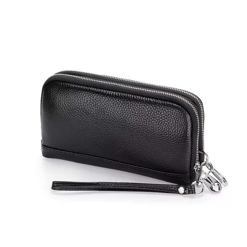 Femmes Long portefeuille en cuir véritable bracelet pochette sac à main 2 couches fermeture éclair portefeuilles