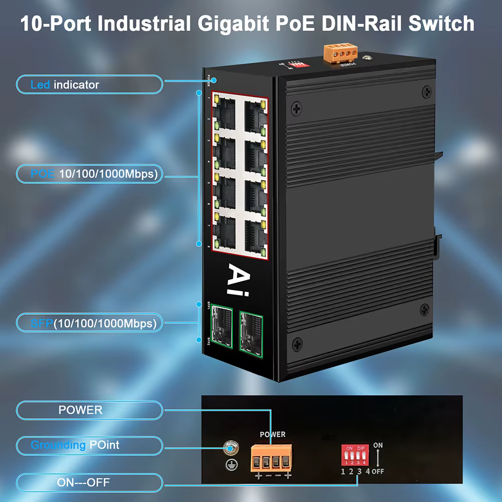 Commutateur Ethernet industriel Gigabit POE commutateur industriel réseau 6/10 ports 10/100/1000Base-T DIN IP40 commutateur réseau extérieur