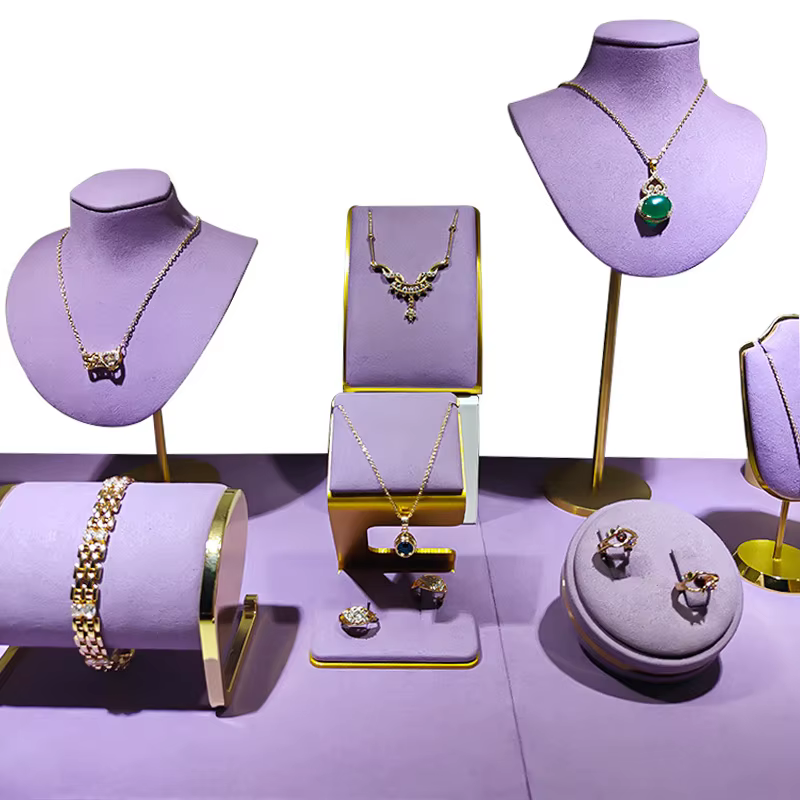 Présentoir de bijoux en métal, accessoires d'organisateur en velours violet, support de bagues, colliers et bracelets pour éposée commerciale, rangement de fenêtre de magasin