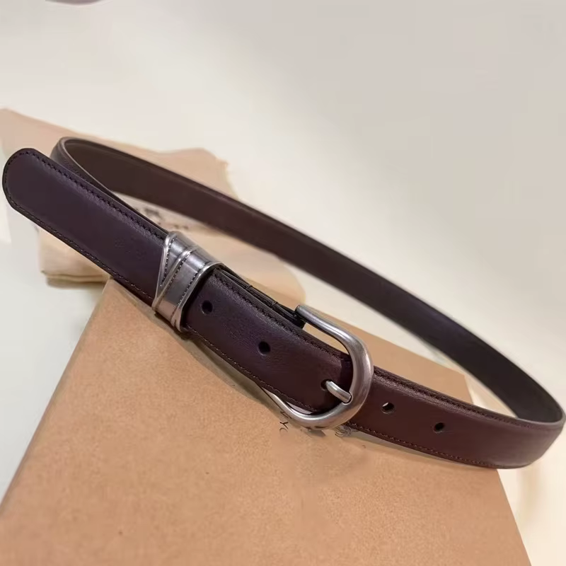 Ancient silver buckle calf leather belt, leather casual fine belt, women's deep brown texture plain weave pants belt
