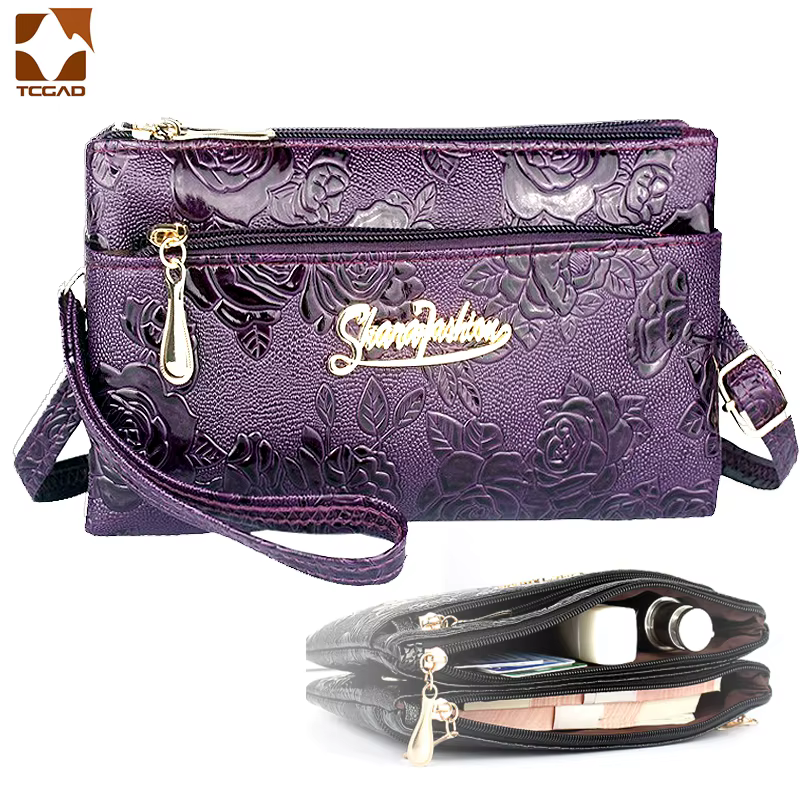 Portefeuille femme quatre fermeture éclair longue pochette 3D moletage rétro en cuir sac à main sac