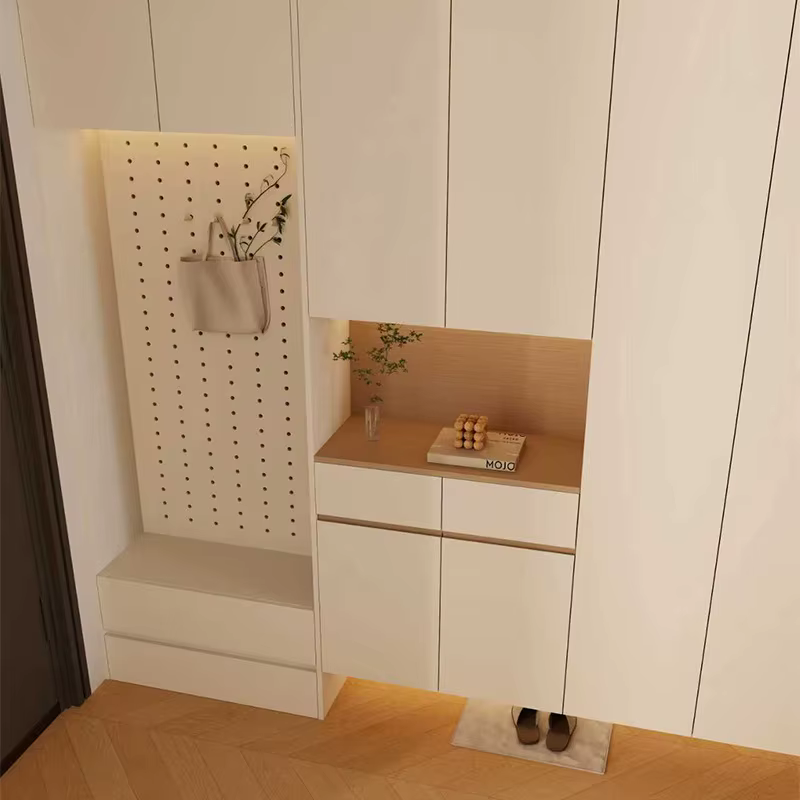 Armoire à chaussures d'entrée en bois crème, armoire d'entrée moderne, armoire de rangement sur pied en bois massif