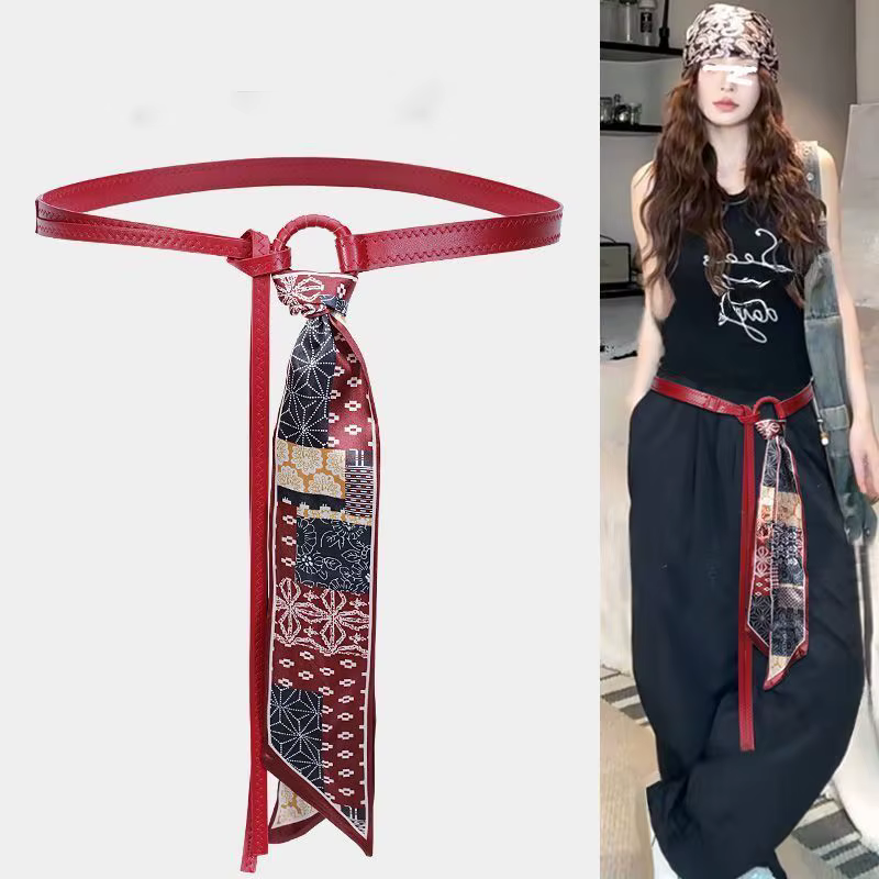 Ceinture de taille pour femmes en cuir PU rétro, style punk et bohème Y2K, avec foulard en soie, tendance, décorative pour jeans et robes