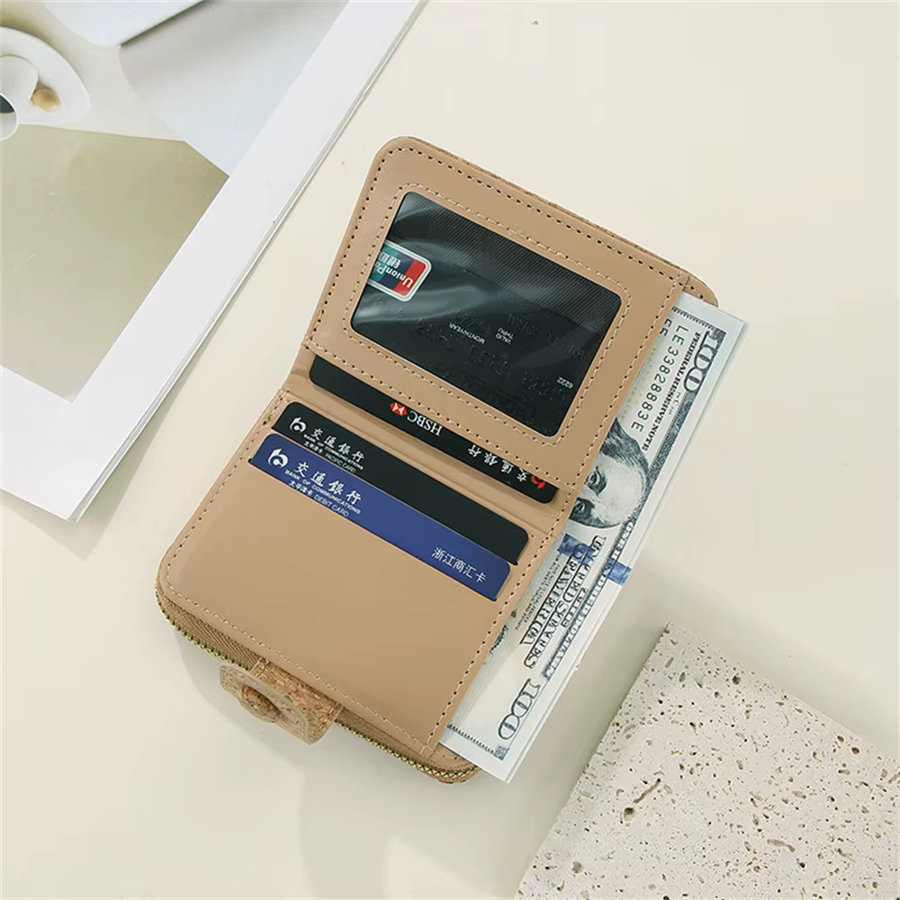 ISKYBOB Vintage imprimé liège court portefeuille pour hommes femmes Grain de bois multi-fonctionnel porte-carte Portable fermeture éclair porte-monnaie