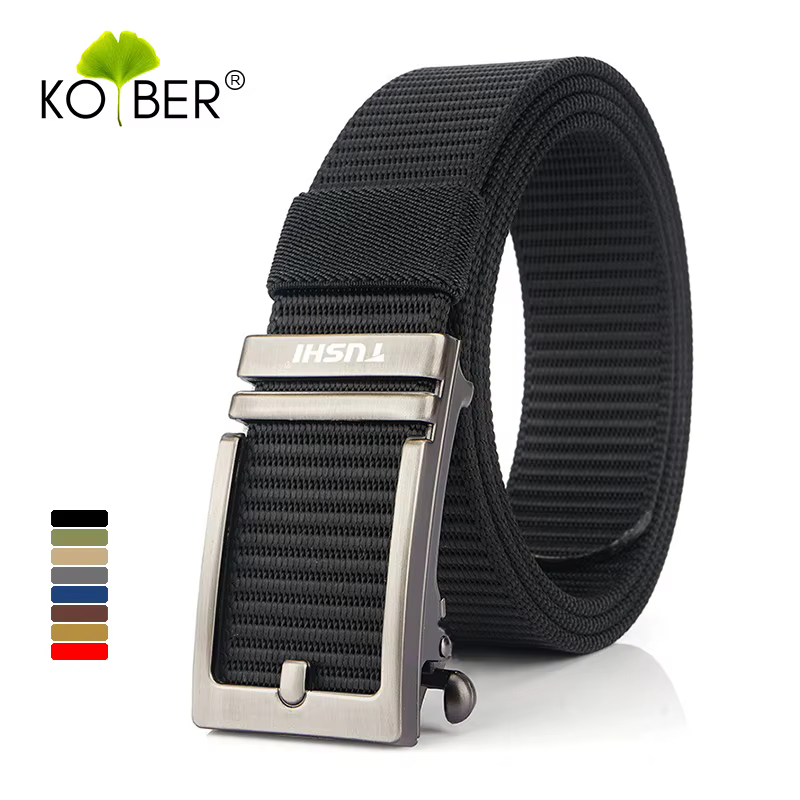 KOLBER Ceinture Décontractée Épaisse Pour Hommes Métal Boucle Automatique Souple Véritable Nylon