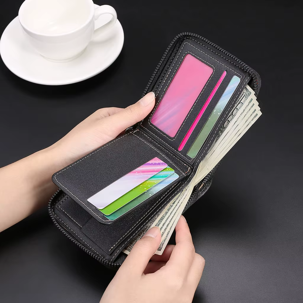 Portefeuille à fermeture éclair pour hommes avec nom gravé personnalisé - Style court avec porte-monnaie porte-carte de