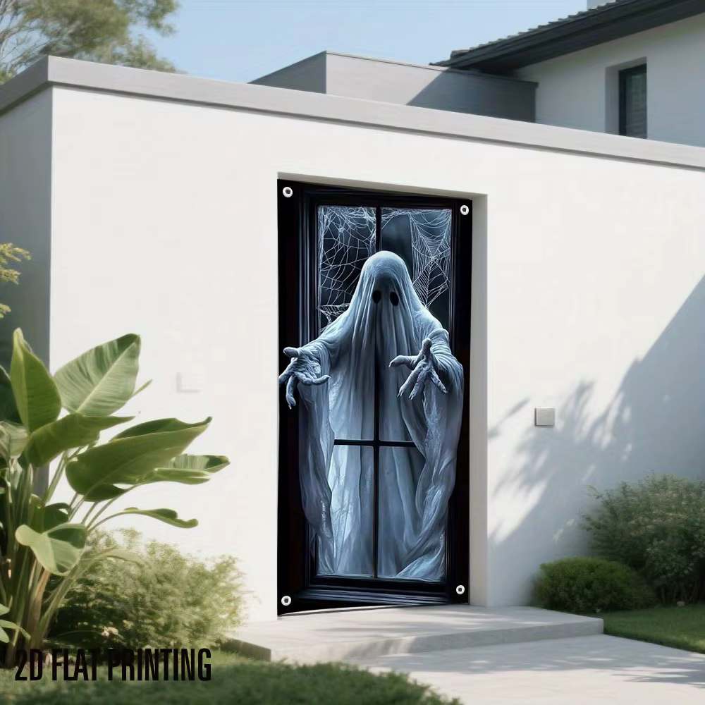 1 bannière de porte d'Halloween 2D - motif fantôme noir et blanc, matériau polyester durable, pour décoration festive