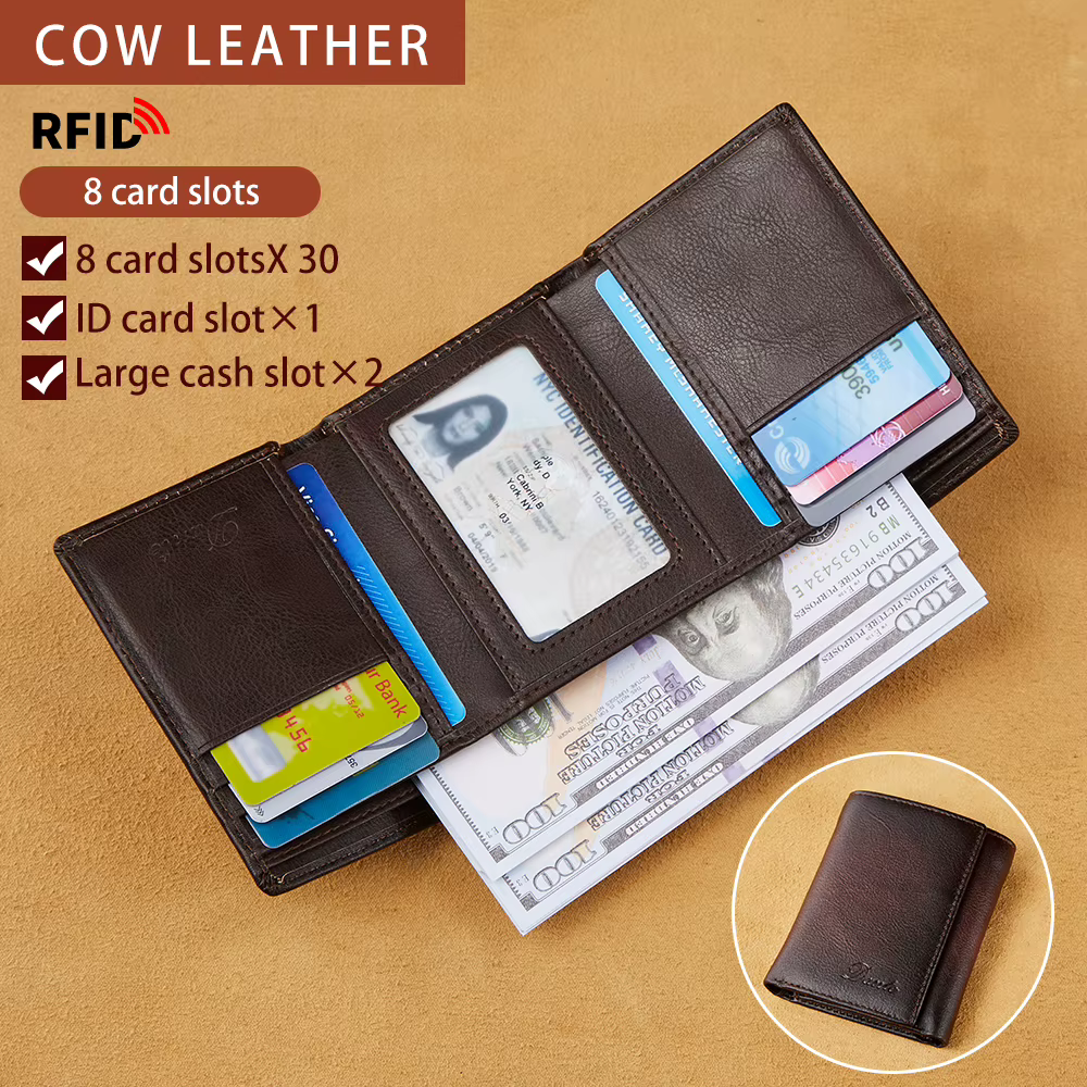 Portefeuille pour homme Dante Retro à trois volets en cuir véritable avec protection anti-vol