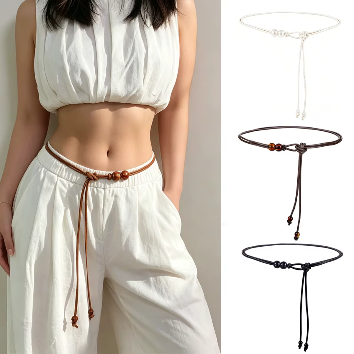 Ceinture ajustable marron pour femme avec perles, ceinture amincissante pour robes, chemises, vestes – Rehausseur de style jour et nuit