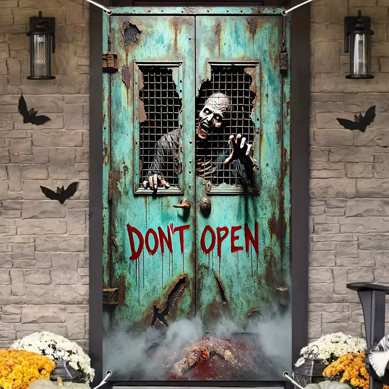 Bannière de porte 2D, 1 pièce, rideau de porte suspendu 2D/plat squelette d'horreur zombie "Ne pas ouvrir la porte", décoration de fête