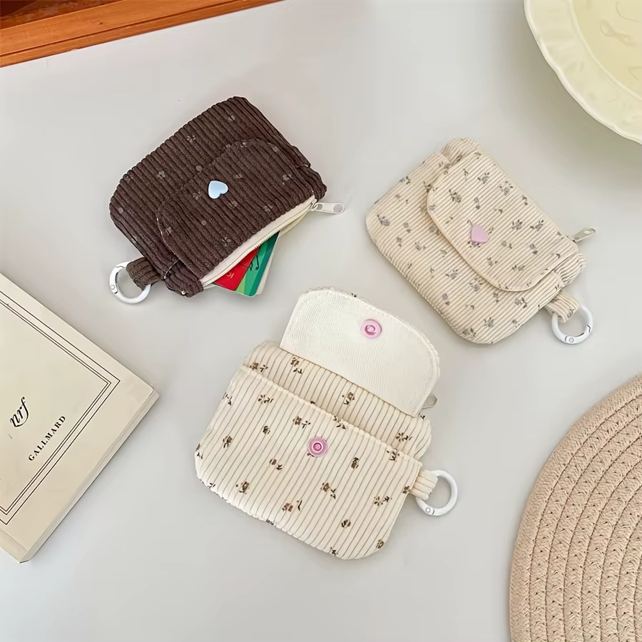 Sac de rangement pour pièces de monnaie en velours côtelé, portefeuille pour femme, porte-cartes à fermeture éclair, sac pour cartes bancaires et papiers d'identité, sac à maquillage pour rouge à lèvr