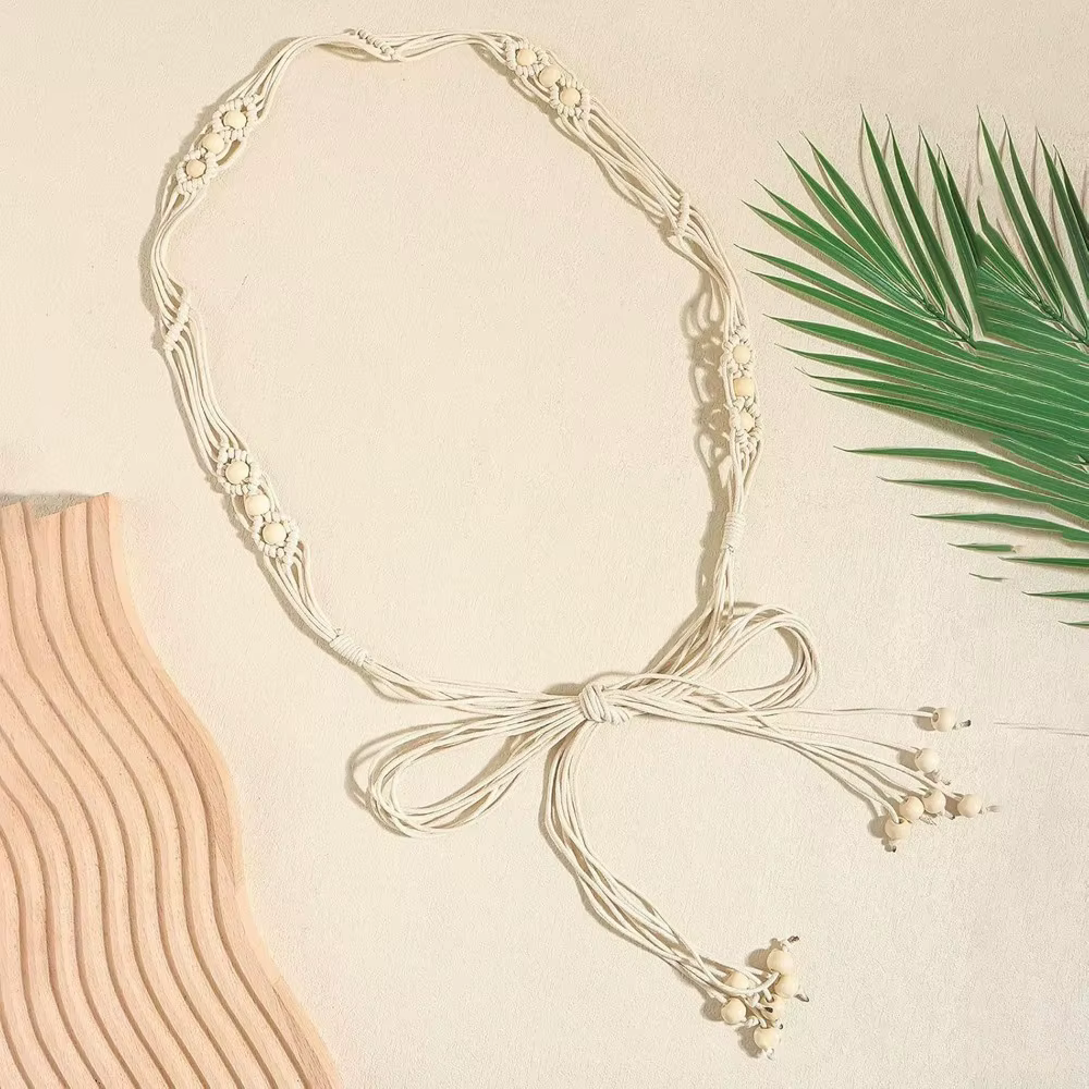Ceinture tressée bohème pour femmes, ceinture en corde à perles réglable pour robes