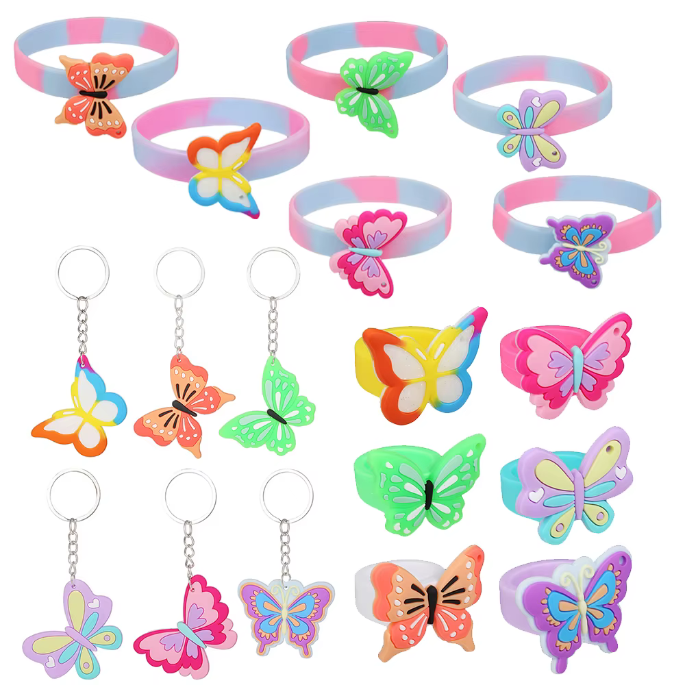 Porte-clés papillon de dessin animé, cadeau de fête d'anniversaire, anneau en caoutchouc, Bracelet, décoration de fête sur le thème de la papillon pour fille