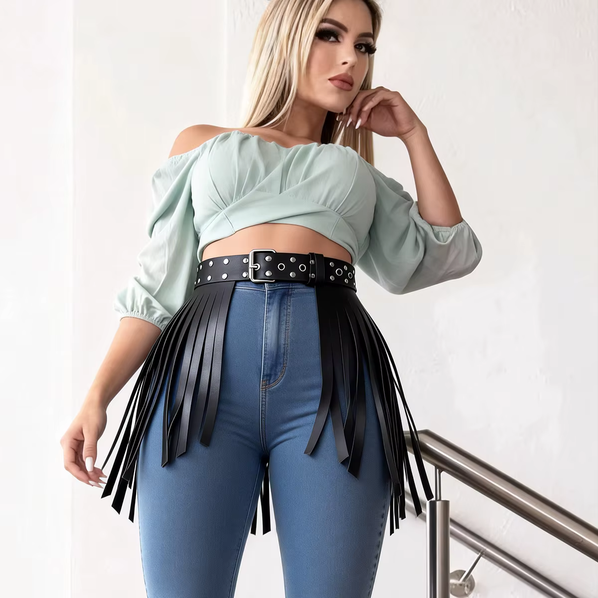 Ceinture en cuir à franges pour femmes