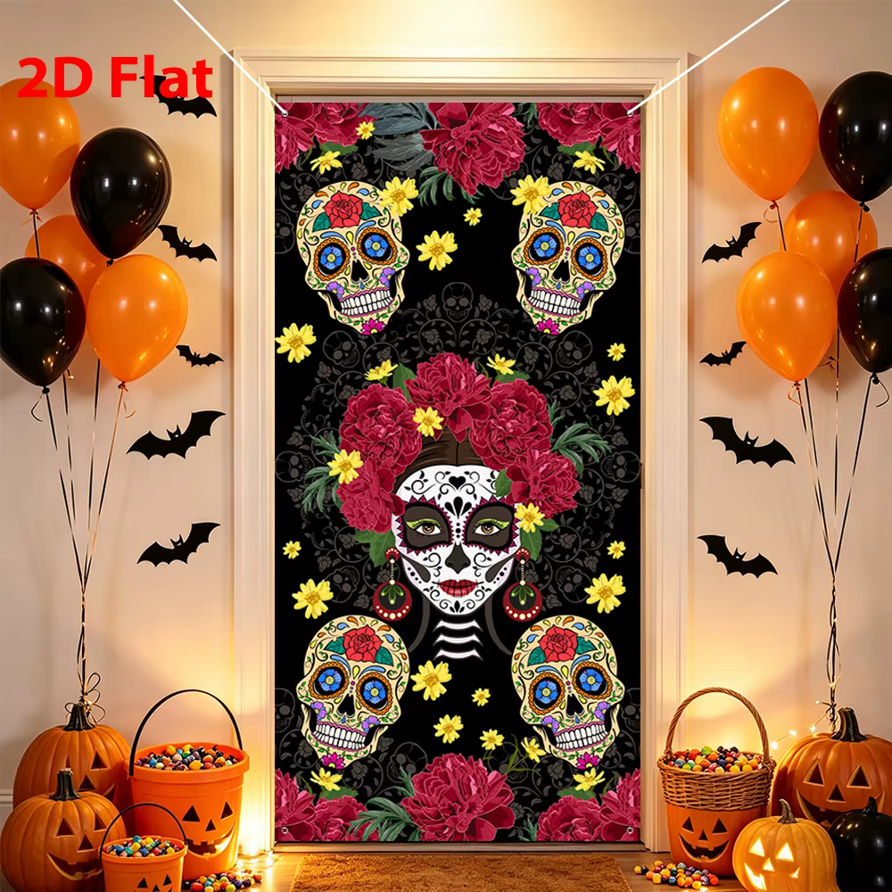 Housse de porte et toile de fond suspendue pour le Jour des Morts, motif floral tête de mort mexicaine, pour Halloween, décoration de porte d'entrée, mur, fenêtre, fournitures de fête