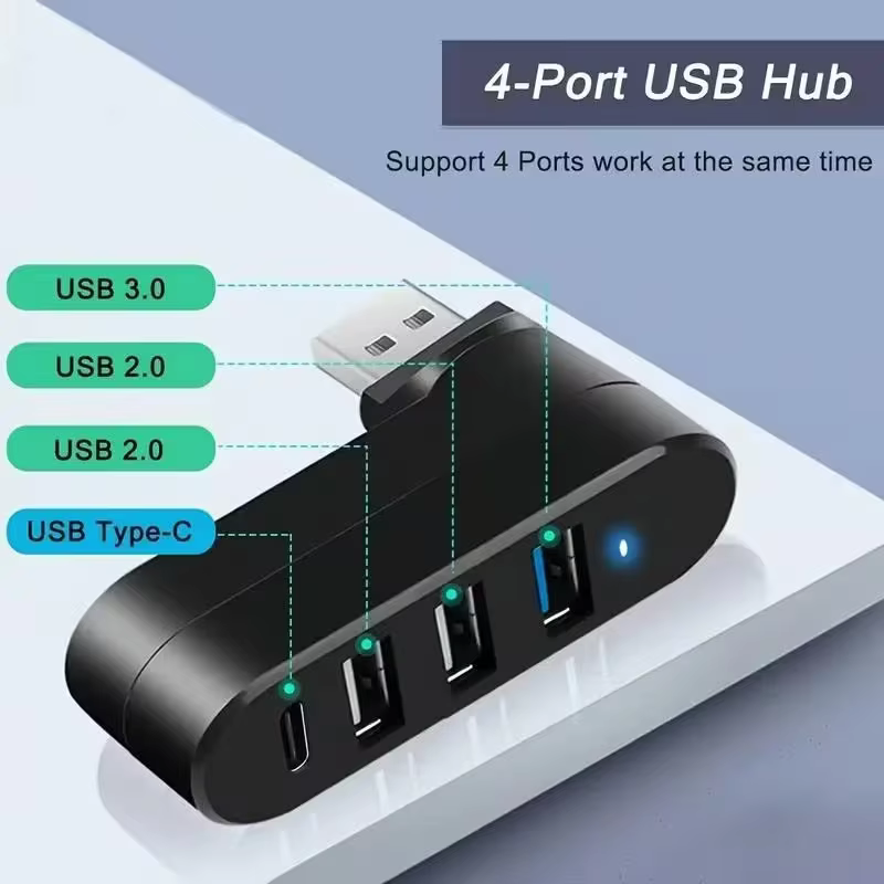 Hub USB 3.0 à 4 ports [90 ° , 180 ° Adaptateur USB rotatif, 3 ports USB et 1 port USB-C pour alimentation/données, extension USB pour ordinateurs portables, voitures