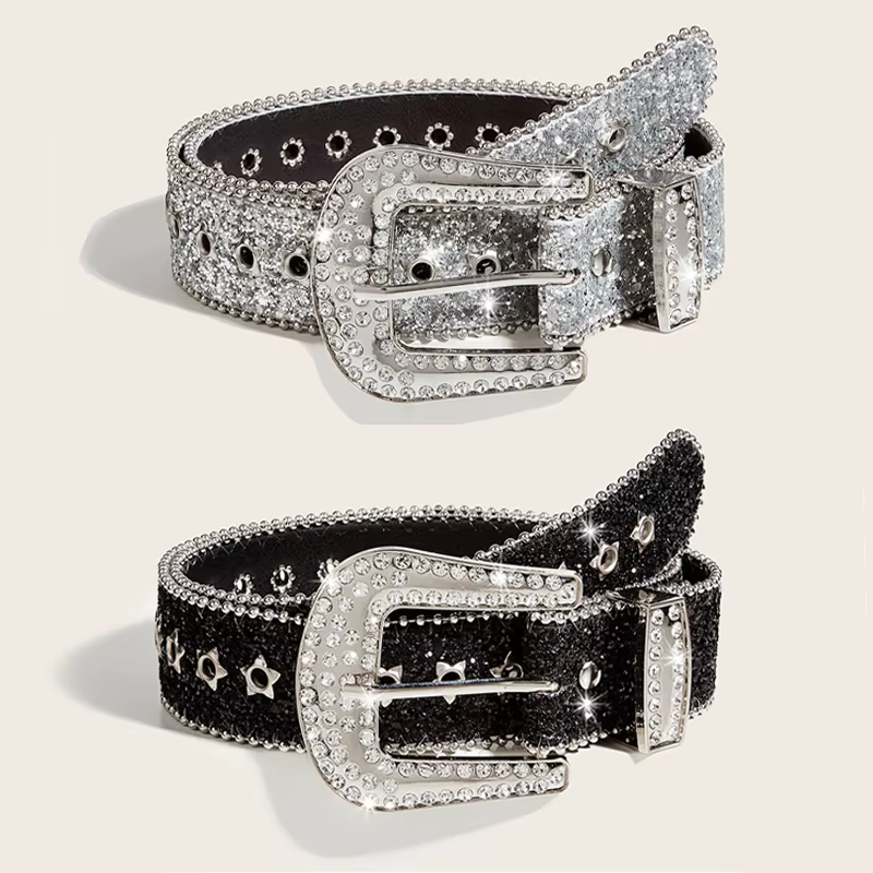 Ceinture gothique noire argentée avec boucle en métal et strass, design de luxe quatre saisons Y2K pour femmes et hommes, grande taille
