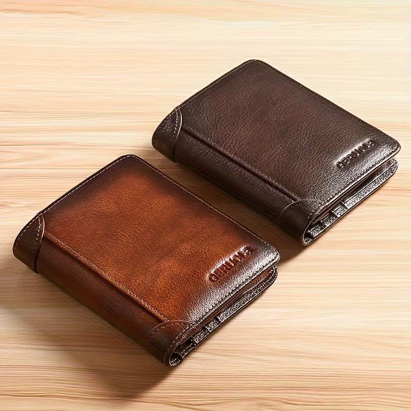 GERUOLA portefeuille mince en cuir véritable blindé RFID pour hommes-porte-carte d'identité et de crédit multifonctionnel marron foncé avec embellissements