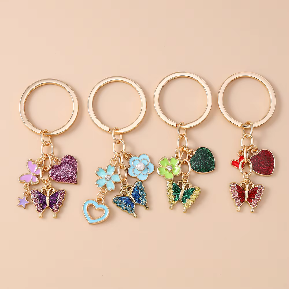 Porte-clés papillon mignon pour femmes et filles, pendentif en forme de cœur et de fleur, pour décor de sac à main, bricolage, porte-clés fait à la main, bijoux cadeaux